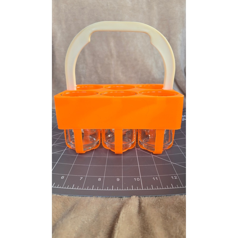 Vintage Mr. Porto Orange Plastic Caddy 6 Piece Shot Glass Set Mid Century Modern